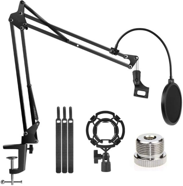 Microphone Radio Broadcasting Stand with 3/8to 5/8 Screw Adapter and Windscreen Pop Filter