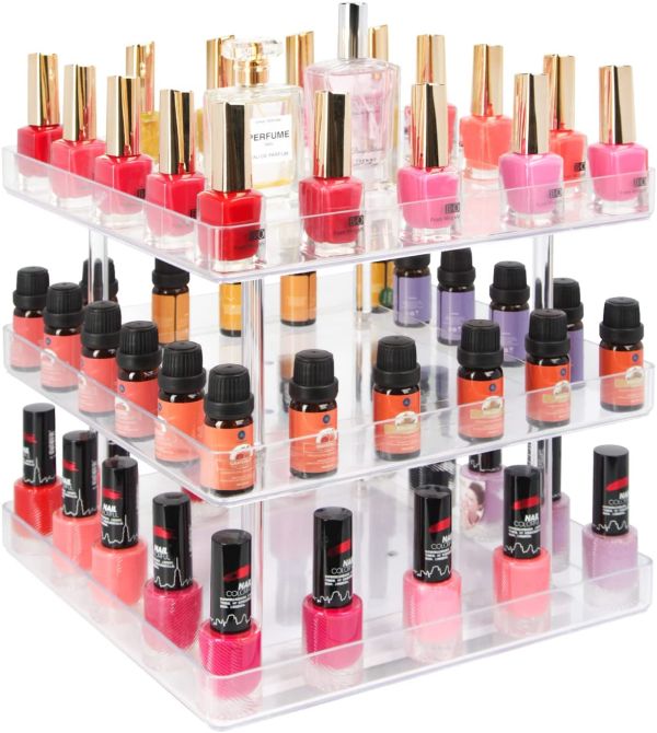 3 Tier 360 Rotating Display Rack Organizer Stand for Clear Nail Polish and Makeup Cosmetics with Acrylic Guard