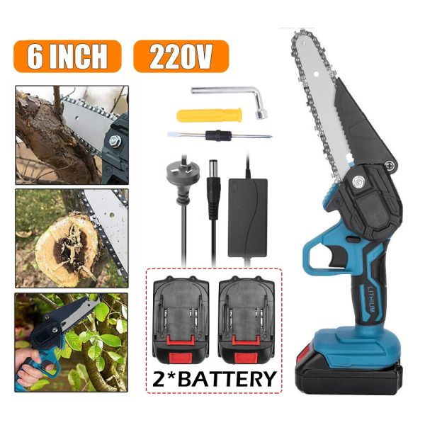6 Mini Cordless Electric Chainsaw 2X Battery Powered Wood Cutter Rechargeable