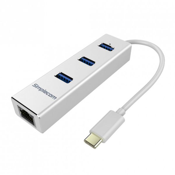 SIMPLECOM CHN411 Silver Aluminium USB Type C to 3 Port USB 3.0 Hub with Gigabit Ethernet Adapter - CBAT-USBCLAN