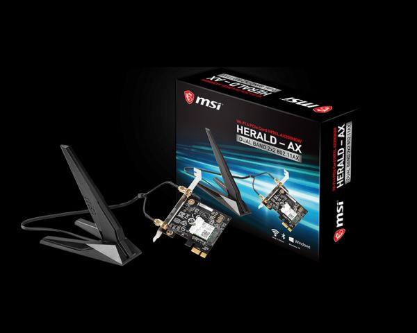 MSI HERALD-AX INTEL AX200NGW WI-FI 6 PCI-E Adapter, PCI-E x1, Bluetooth 5, 2.4 GHz/5 GHz Frequency, 2.4 Gbps Max Speed