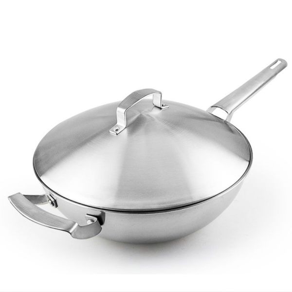 Professional 12 Inch 32cm Three-Layer 304Stainless Steel Chefs Pan Wok with Lid