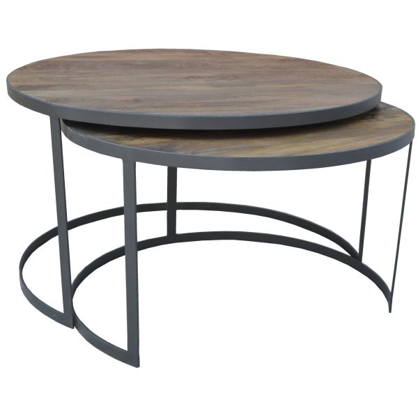 Nolana  2pc Mango Wood and Metal Round Nesting 80cm Coffee Table Set - Natural