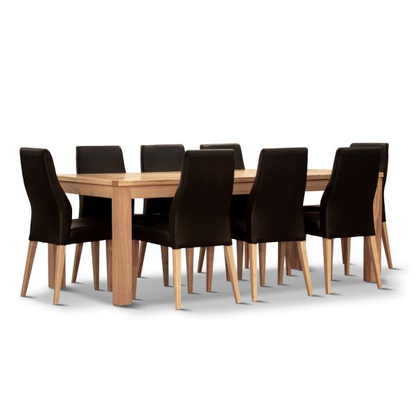 Rosemallow 9pc Dining Set 210cm Table 8 Black PU Chair Solid Messmate Timber