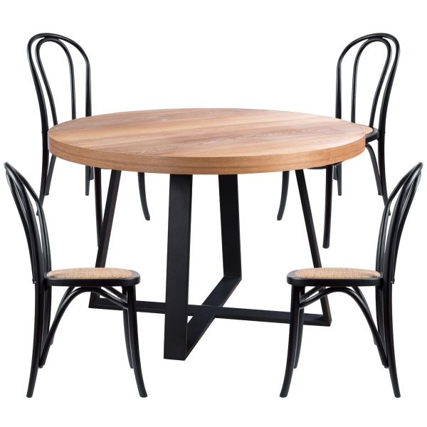 Petunia  5pc 120cm Round Dining Table Set 4 Arched Back Chair Elm Timber Wood