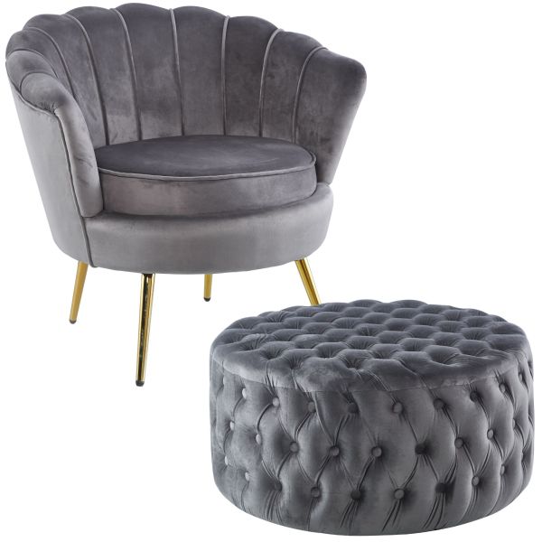 Bloomer Velvet Fabric Accent Sofa Love Chair Round Ottoman Set - Grey