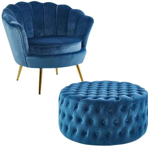 Bloomer Velvet Fabric Accent Sofa Love Chair Round Ottoman Set - Blue