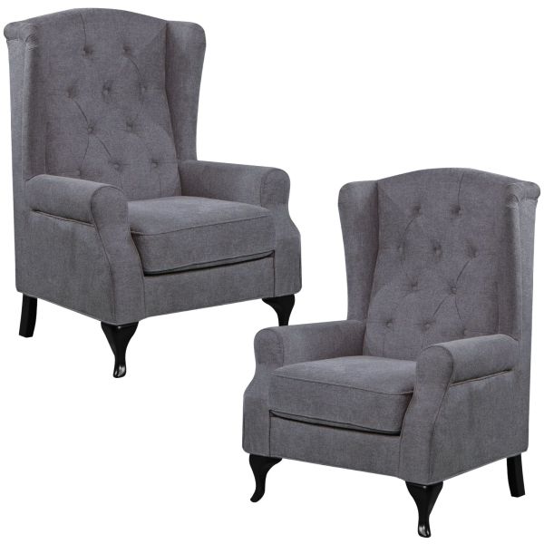 Mellowly Set of 2 Wing Back Chair Sofa Fabric Chesterfield Armchair  - Grey