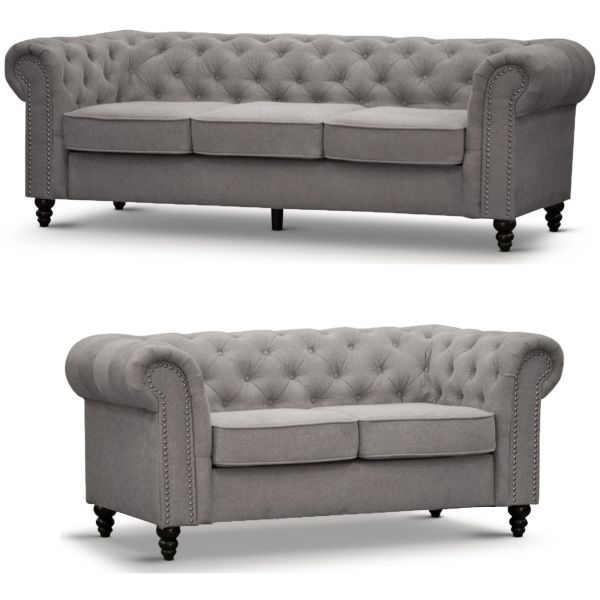 Mellowly 3 + 2 Seater Sofa Fabric Uplholstered Chesterfield Lounge Couch - Grey