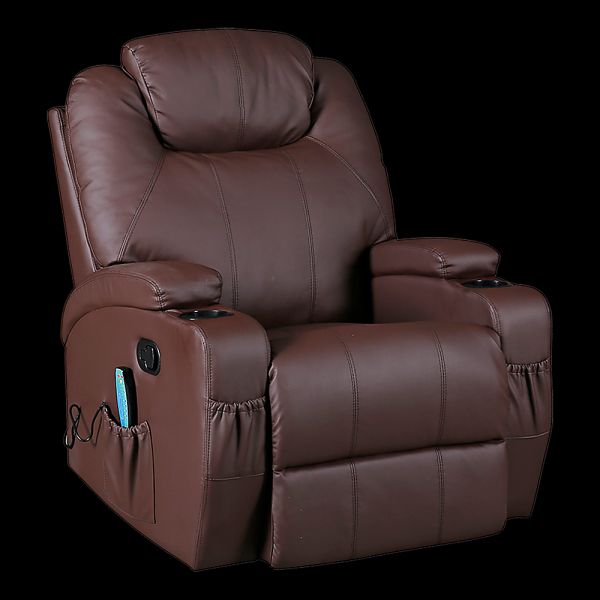 Brown Massage Sofa Chair Recliner 360 Degree Swivel PU Leather Lounge 8 Point Heated