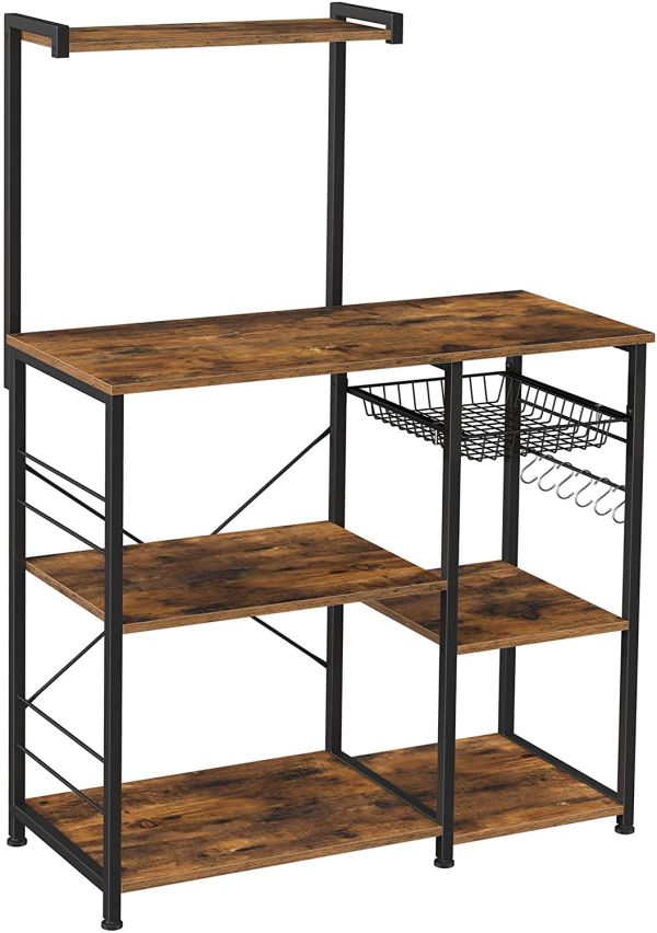 Kithcen Bakers Rack with Shelves Microwave Stand with Wire Basket and 6 S-Hooks Rustic Brown 