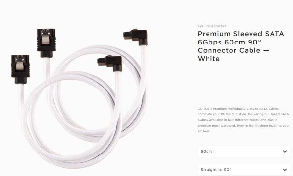 CORSAIR Premium Sleeved SATA 6Gbps 60cm 90?? Connector Cable ÔÇö White