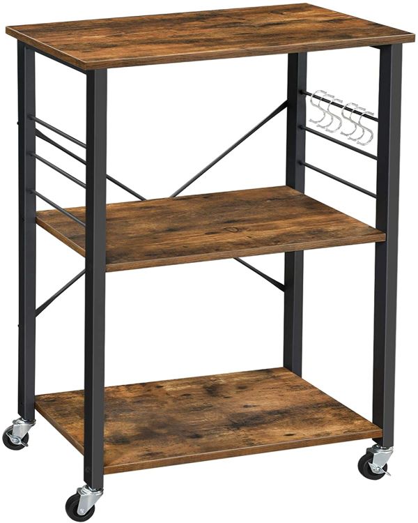 Kitchen Bakers Rack,  3-Tier Serving Cart with Metal Frame and 6 Hooks, Rustic Brown