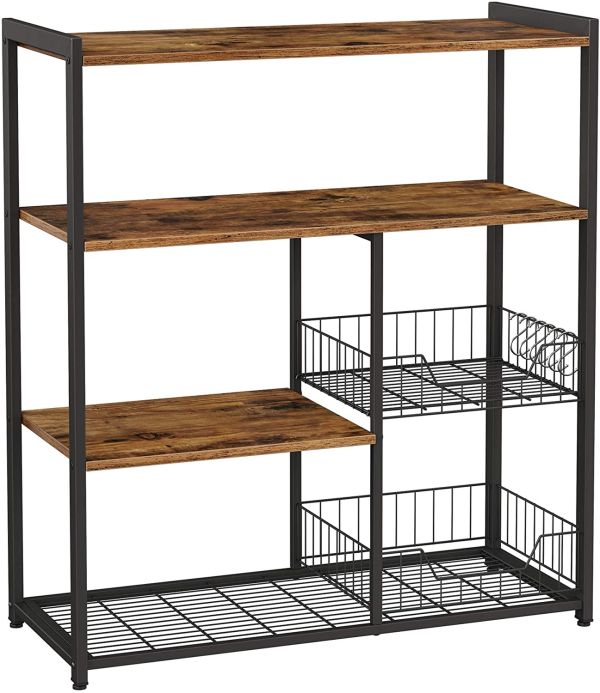Bakers Rack with 2 Metal Mesh Baskets, Shelves and Hooks, 80 x 35 x 95 cm, Industrial Style, Rustic Brown 