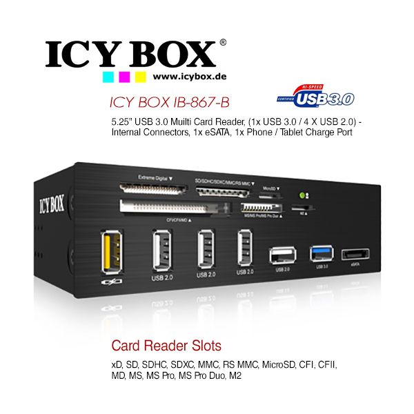 ICY BOX Standard 5.25 drive bay USB 3.0 multi card reader with an eSATA port and a USB charging port (IB-867)