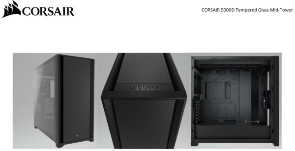 CORSAIR 5000D TG E-ATX, ATX, USB Type-C, 2x 120mm Airguide Fans, Radiator 360mm. 7x PCI, 4x 2.5 SSD, 2x 3.5 HDD. VGA 420mm. Black Tower Case