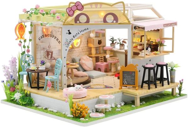 Dollhouse Miniature with Furniture Kit Plus Dust Proof and Music Movement - Cat Coffee (Valentines Day Gift Idea)