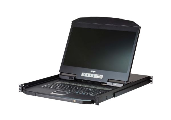 Aten 18.5 Short Depth 16 Port LCD KVM, can be mounted up to a depth of 42cm to 72cm and LCD panel with 1366 x 768 resolution, includes 2 1.8m VGA USB