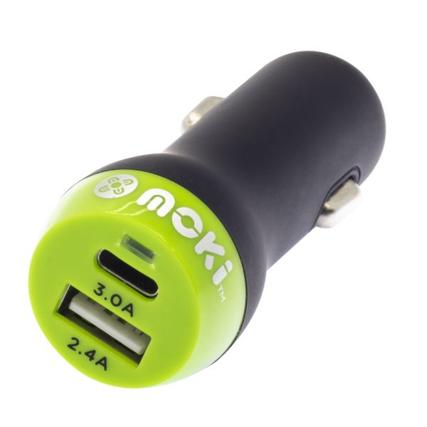 MOKI Car Charger + (Type-C + USB) 3.0 RapidCharge - Black