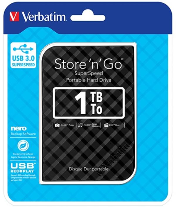 VERBATIM 1TB 2.5 USB 3.0 Black Store
Go HDD Grid Design